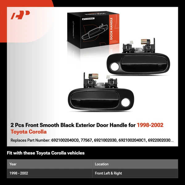 2 Pcs Front Smooth Black Exterior Door Handle for 1998-2002 Toyota Corolla