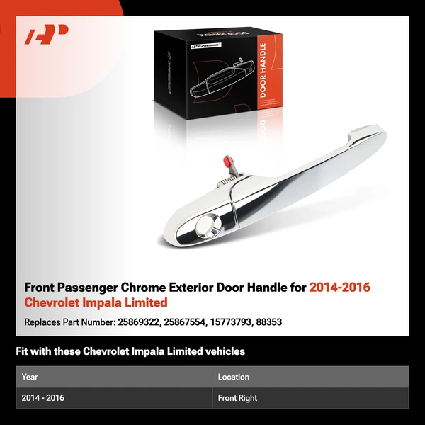Front Passenger Chrome Exterior Door Handle for 2014-2016 Chevrolet Impala Limited