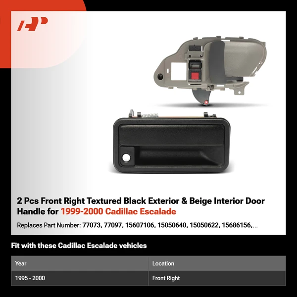 2 Pcs Front Right Textured Black Exterior & Beige Interior Door Handle for 1999-2000 Cadillac Escalade