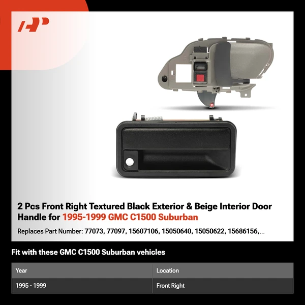 2 Pcs Front Right Textured Black Exterior & Beige Interior Door Handle for 1995-1999 GMC C1500 Suburban