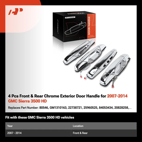 4 Pcs Front & Rear Chrome Exterior Door Handle for 2007-2014 GMC Sierra 3500 HD