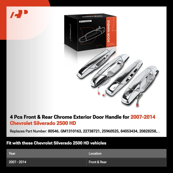 4 Pcs Front & Rear Chrome Exterior Door Handle for 2007-2014 Chevrolet Silverado 2500 HD