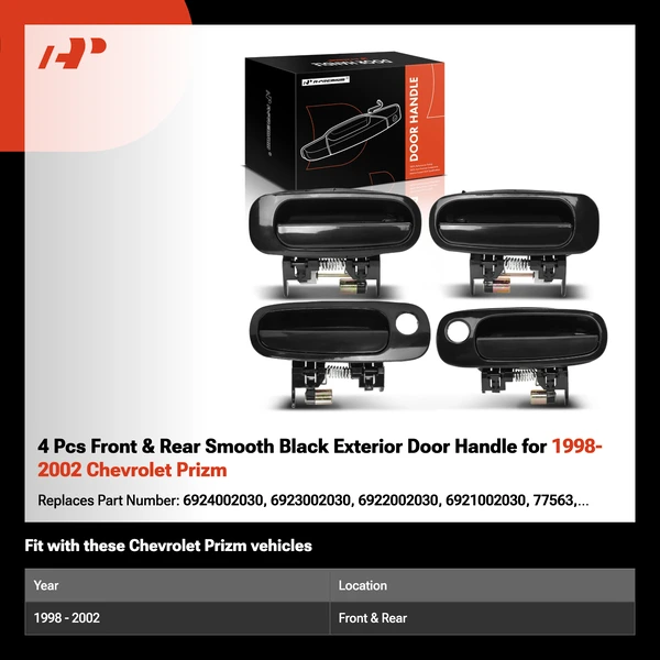 4 Pcs Front & Rear Smooth Black Exterior Door Handle for 1998-2002 Chevrolet Prizm