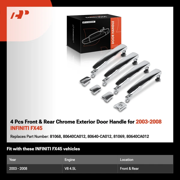 4 Pcs Front & Rear Chrome Exterior Door Handle for 2003-2008 INFINITI FX45