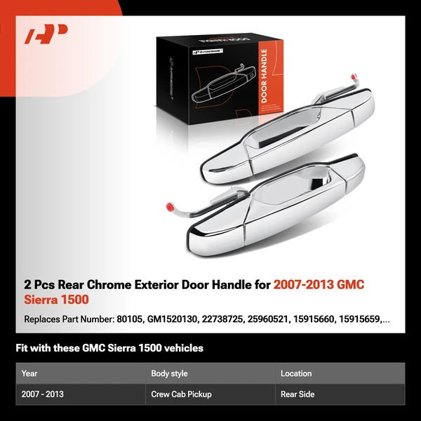 2 Pcs Rear Chrome Exterior Door Handle for 2007-2013 GMC Sierra 1500