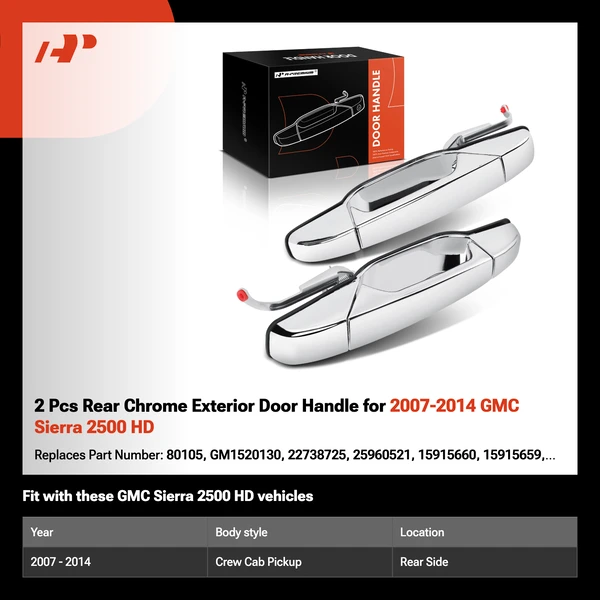 2 Pcs Rear Chrome Exterior Door Handle for 2007-2014 GMC Sierra 2500 HD