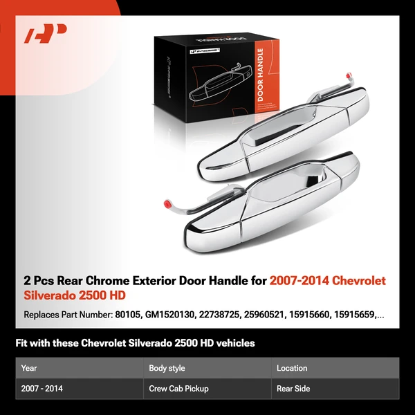 2 Pcs Rear Chrome Exterior Door Handle for 2007-2014 Chevrolet Silverado 2500 HD