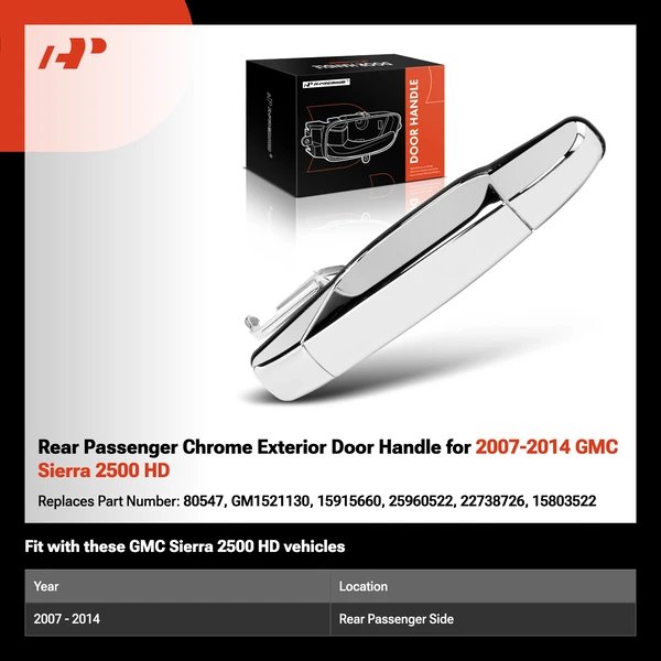 Rear Passenger Chrome Exterior Door Handle for 2007-2014 GMC Sierra 2500 HD