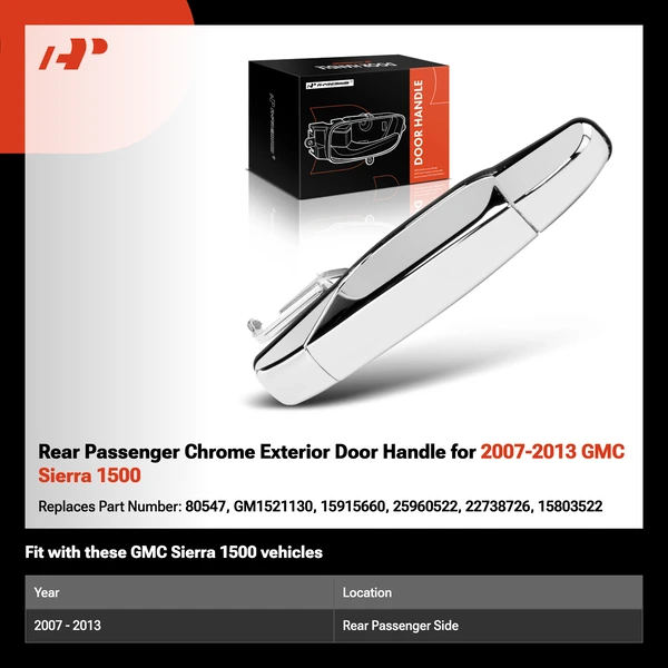 Rear Passenger Chrome Exterior Door Handle for 2007-2013 GMC Sierra 1500