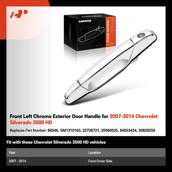 Front Left Chrome Exterior Door Handle for 2007-2014 Chevrolet Silverado 3500 HD