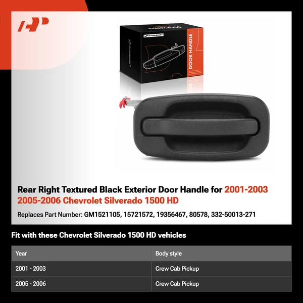 Rear Right Textured Black Exterior Door Handle for 2001-2003 2005-2006 Chevrolet Silverado 1500 HD