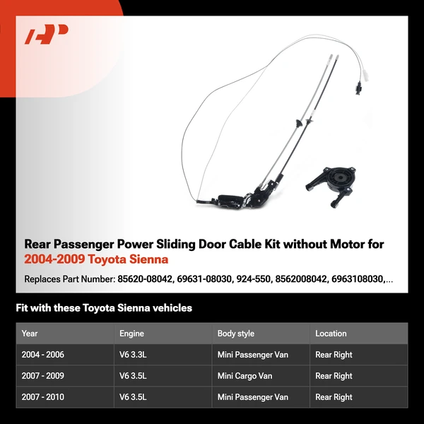 Rear Passenger Power Sliding Door Cable Kit without Motor for 2004-2009 Toyota Sienna