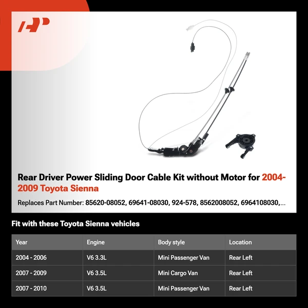 Rear Driver Power Sliding Door Cable Kit without Motor for 2004-2009 Toyota Sienna