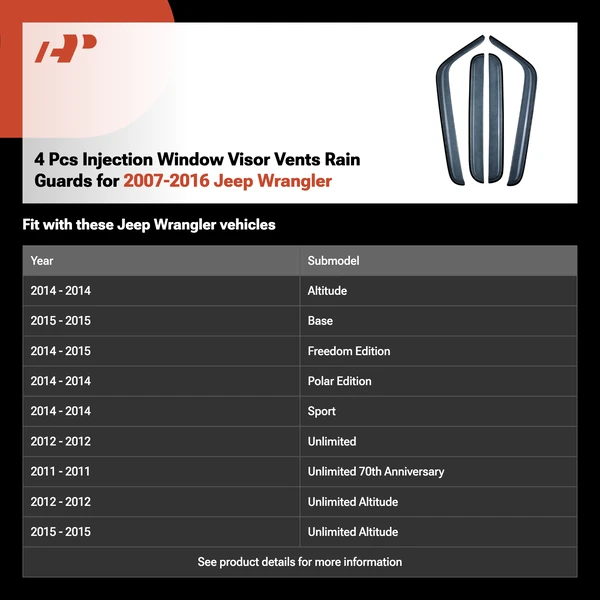 4 Pcs Injection Window Visor Vents Rain Guards for 2007-2016 Jeep Wrangler