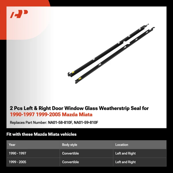 2 Pcs Left & Right Door Window Glass Weatherstrip Seal for 1990-1997 1999-2005 Mazda Miata