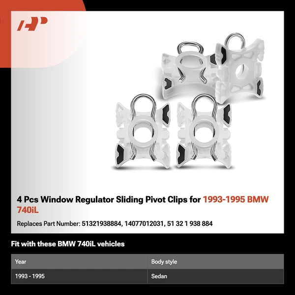 4 Pcs Window Regulator Sliding Pivot Clips for 1993-1995 BMW 740iL