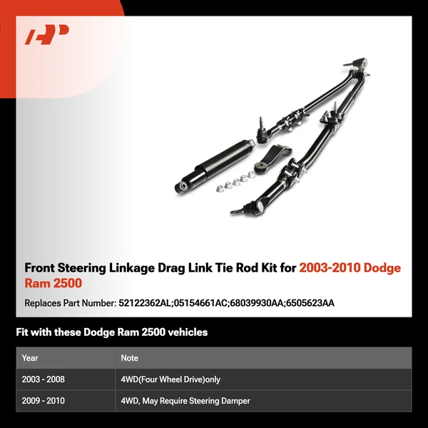 Front Steering Linkage Drag Link Tie Rod Kit for 2003-2010 Dodge Ram 2500