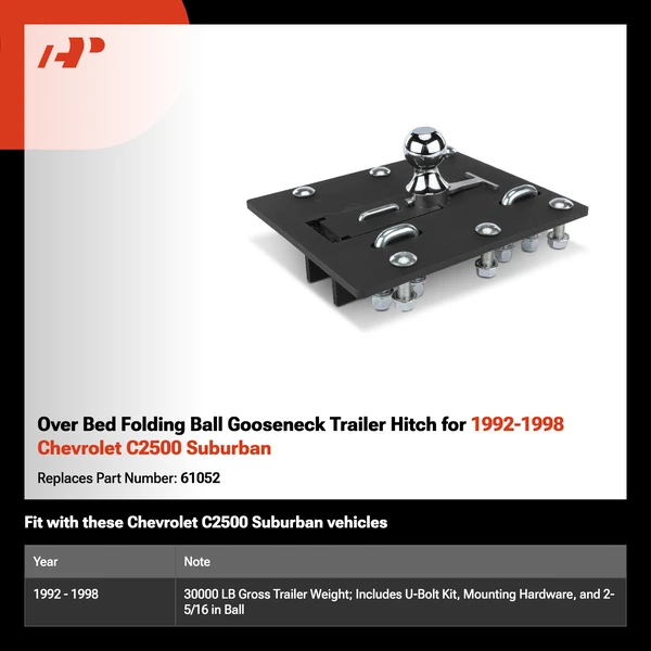 Over Bed Folding Ball Gooseneck Trailer Hitch for 1992-1998 Chevrolet C2500 Suburban
