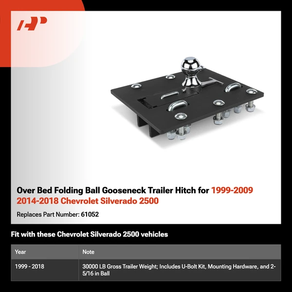 Over Bed Folding Ball Gooseneck Trailer Hitch for 1999-2009 2014-2018 Chevrolet Silverado 2500