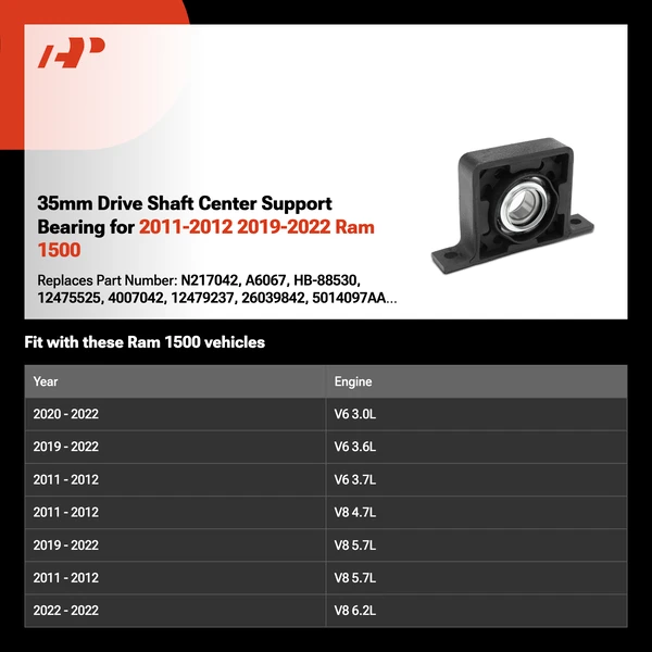35mm Drive Shaft Center Support Bearing for 2011-2012 2019-2022 Ram 1500
