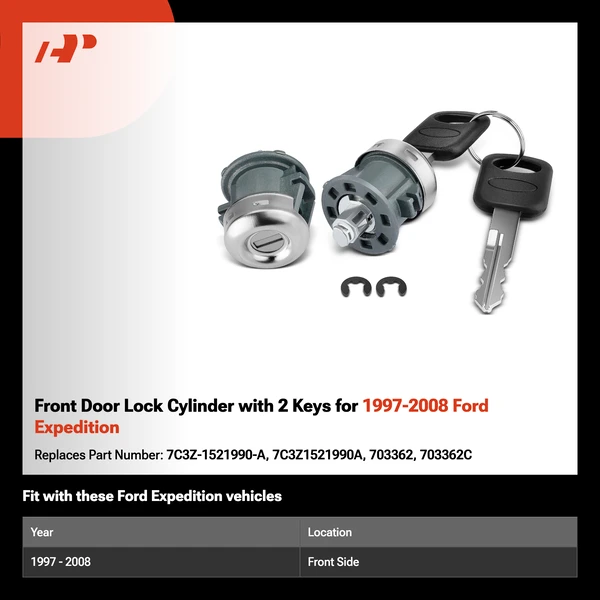 Front Door Lock Cylinder with 2 Keys for 1997-2008 Ford Expedition