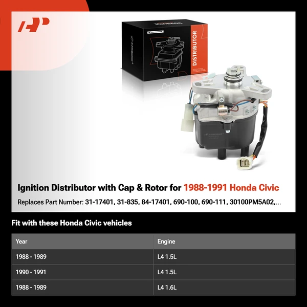 Ignition Distributor with Cap & Rotor for 1988-1991 Honda Civic