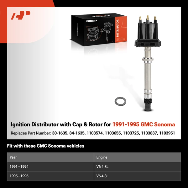 Ignition Distributor with Cap & Rotor for 1991-1995 GMC Sonoma