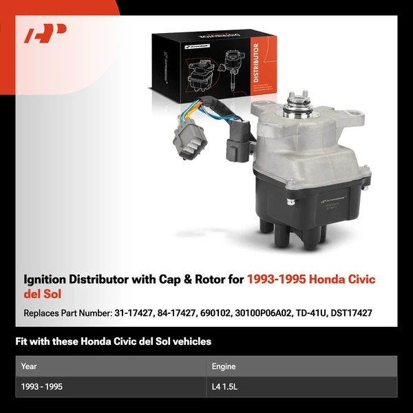 Ignition Distributor with Cap & Rotor for 1993-1995 Honda Civic del Sol