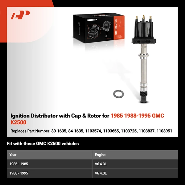 Ignition Distributor with Cap & Rotor for 1985 1988-1995 GMC K2500