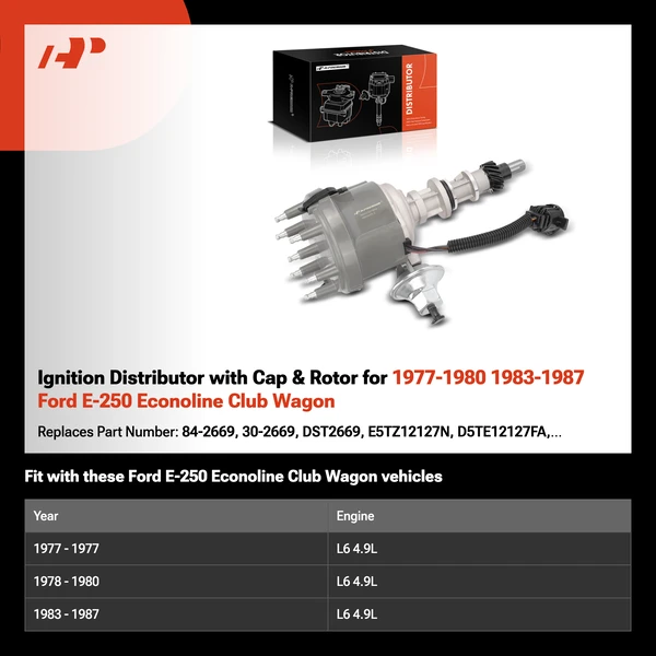 Ignition Distributor with Cap & Rotor for 1977-1980 1983-1987 Ford E-250 Econoline Club Wagon