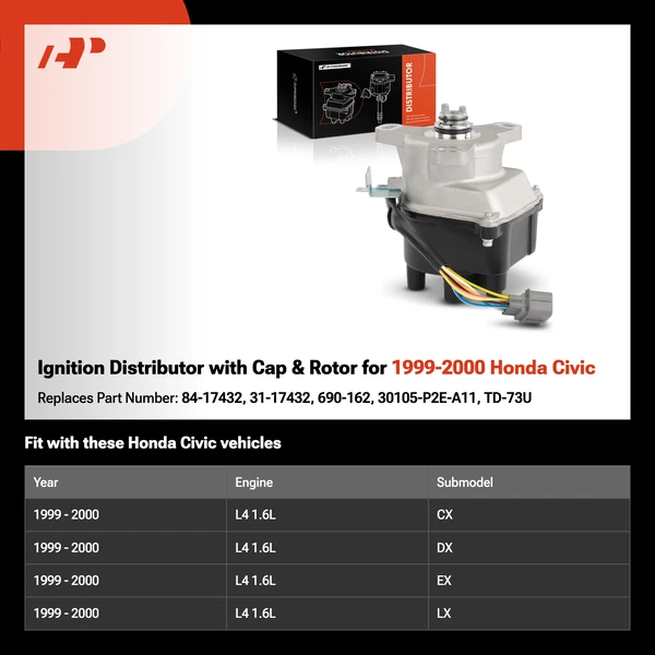 Ignition Distributor with Cap & Rotor for 1999-2000 Honda Civic