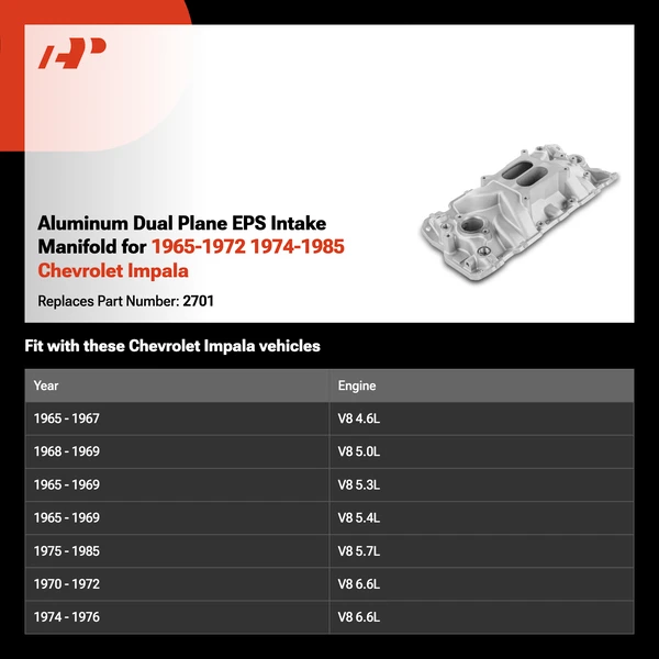 Aluminum Dual Plane EPS Intake Manifold for 1965-1972 1974-1985 Chevrolet Impala