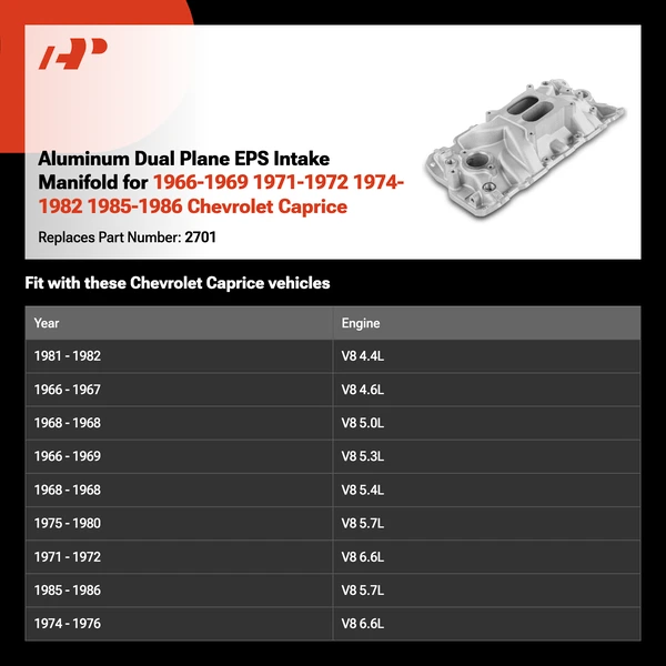 Aluminum Dual Plane EPS Intake Manifold for 1966-1969 1971-1972 1974-1982 1985-1986 Chevrolet Caprice