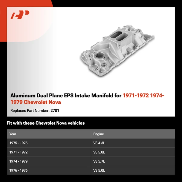 Aluminum Dual Plane EPS Intake Manifold for 1971-1972 1974-1979 Chevrolet Nova