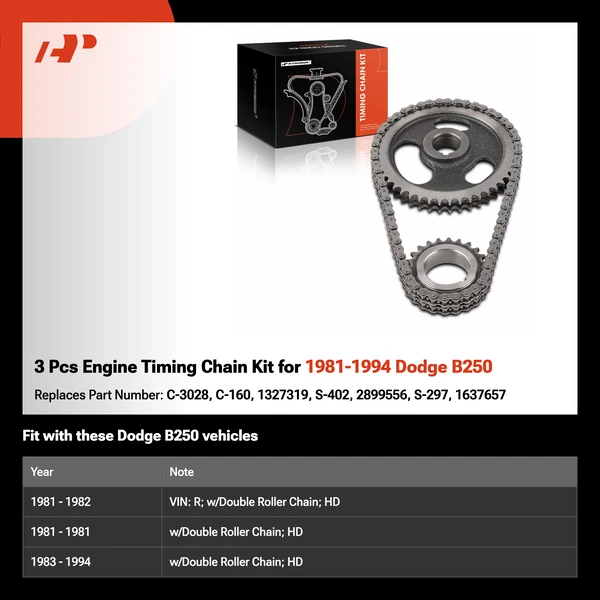 3 Pcs Engine Timing Chain Kit for 1981-1994 Dodge B250
