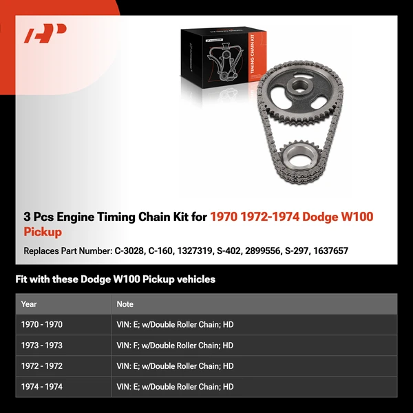 3 Pcs Engine Timing Chain Kit for 1970 1972-1974 Dodge W100 Pickup