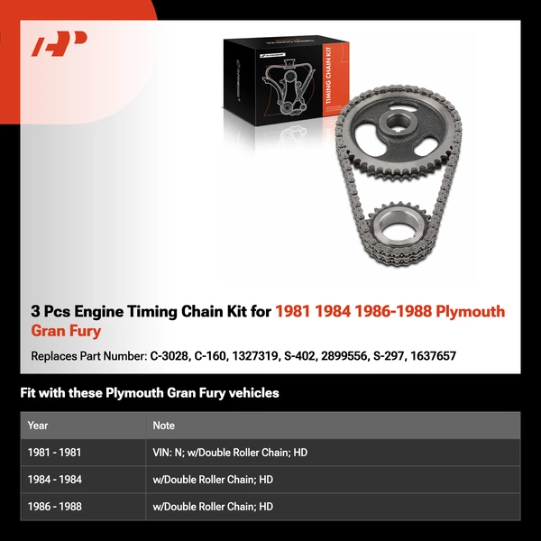 3 Pcs Engine Timing Chain Kit for 1981 1984 1986-1988 Plymouth Gran Fury