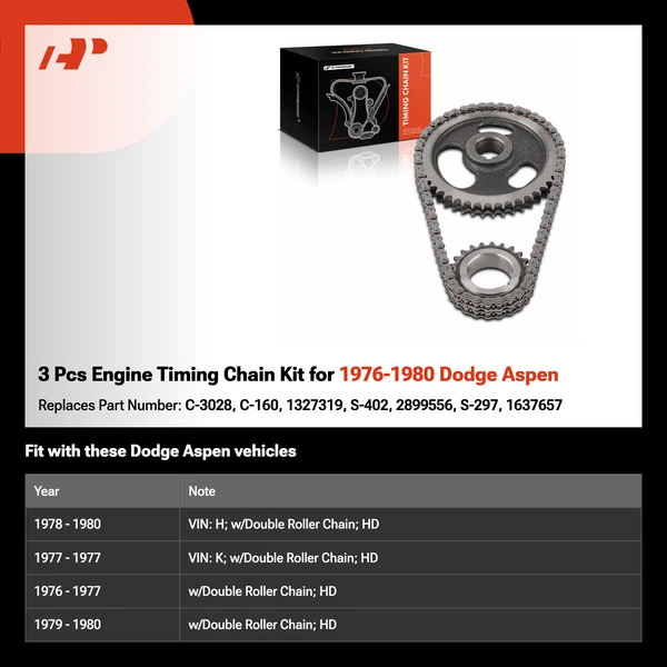 3 Pcs Engine Timing Chain Kit for 1976-1980 Dodge Aspen