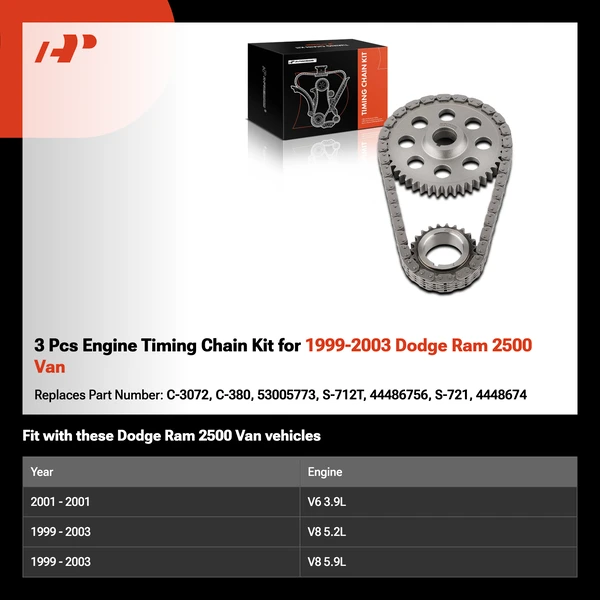 3 Pcs Engine Timing Chain Kit for 1999-2003 Dodge Ram 2500 Van