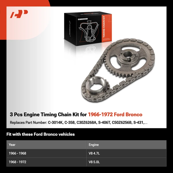 3 Pcs Engine Timing Chain Kit for 1966-1972 Ford Bronco