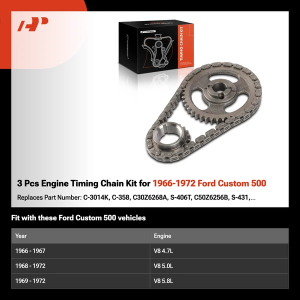 3 Pcs Engine Timing Chain Kit for 1966-1972 Ford Custom 500