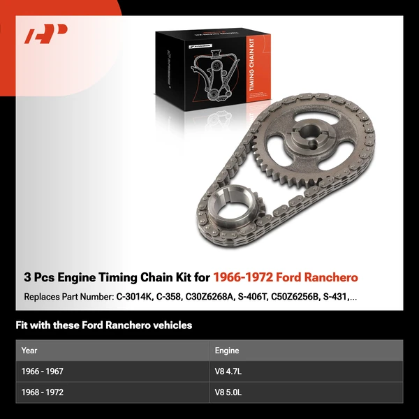 3 Pcs Engine Timing Chain Kit for 1966-1972 Ford Ranchero