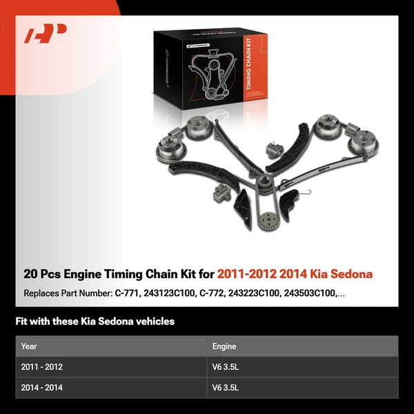 20 Pcs Engine Timing Chain Kit for 2011-2012 2014 Kia Sedona