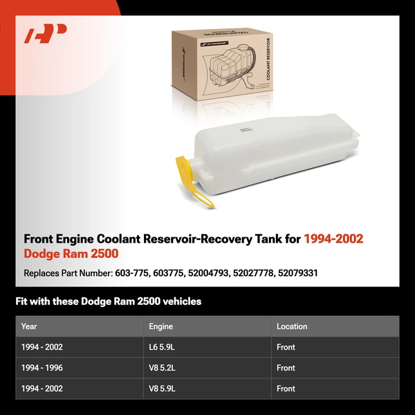 Front Engine Coolant Reservoir-Recovery Tank for 1994-2002 Dodge Ram 2500