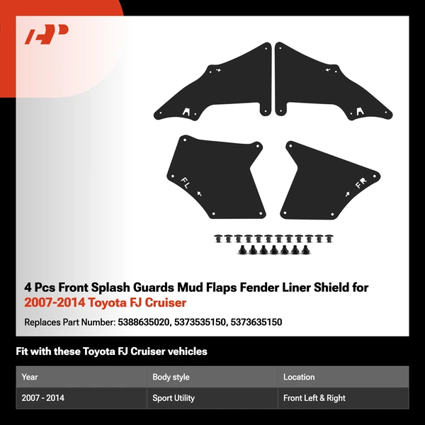 4 Pcs Front Splash Guards Mud Flaps Fender Liner Shield for 2007-2014 Toyota FJ Cruiser