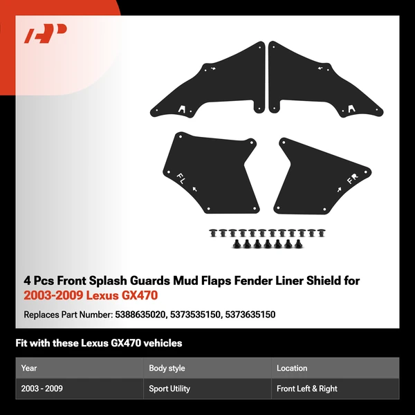 4 Pcs Front Splash Guards Mud Flaps Fender Liner Shield for 2003-2009 Lexus GX470