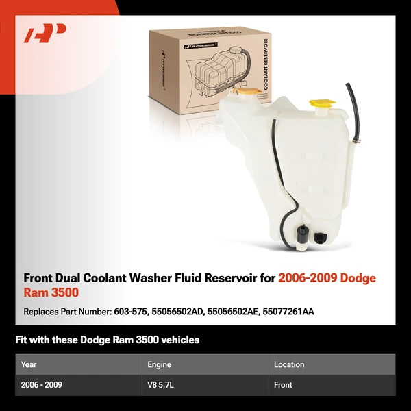 Front Dual Coolant Washer Fluid Reservoir for 2006-2009 Dodge Ram 3500