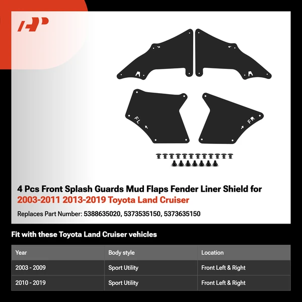 4 Pcs Front Splash Guards Mud Flaps Fender Liner Shield for 2003-2011 2013-2019 Toyota Land Cruiser
