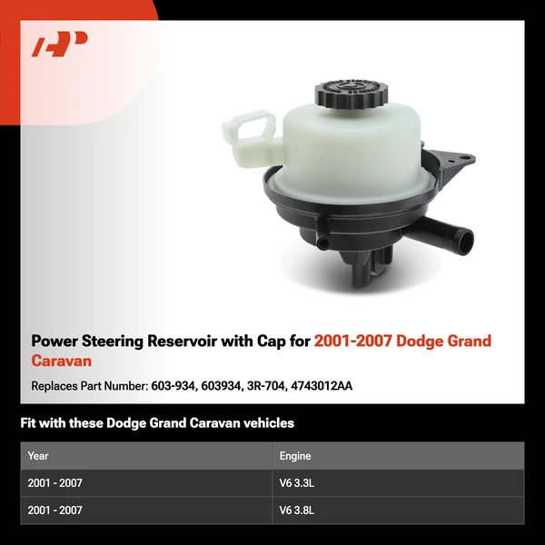 Power Steering Reservoir with Cap for 2001-2007 Dodge Grand Caravan