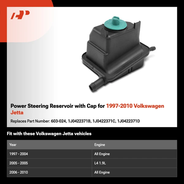 Power Steering Reservoir with Cap for 1997-2010 Volkswagen Jetta